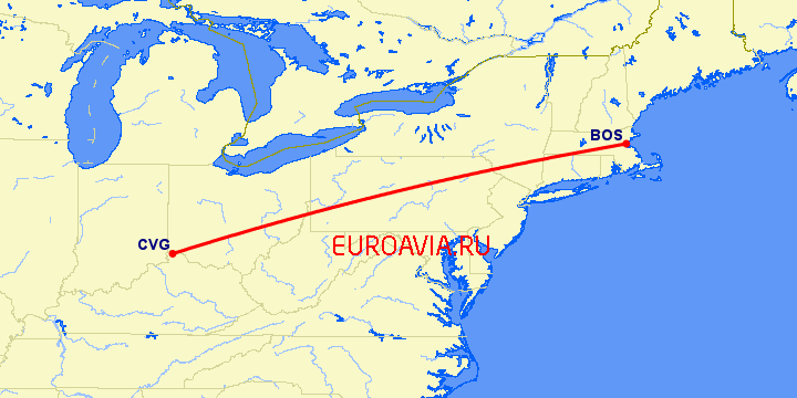 перелет Кавингтон — Бостон на карте