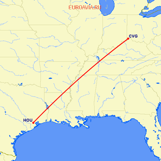 перелет Кавингтон — Хьюстон на карте