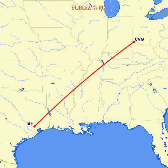 перелет Кавингтон — Хьюстон на карте