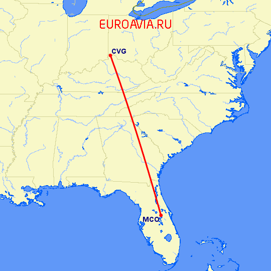 перелет Кавингтон — Орландо на карте