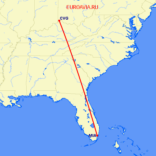 перелет Кавингтон — Майами на карте