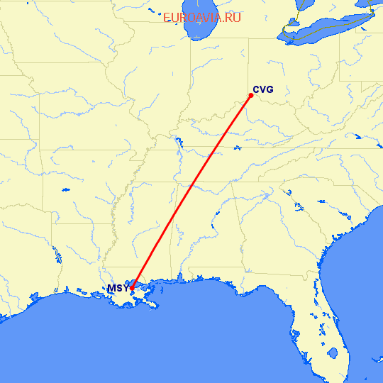 перелет Кавингтон — Новый Орлеан на карте