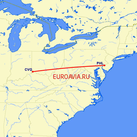 перелет Кавингтон — Филадельфия на карте