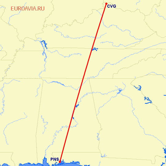 перелет Кавингтон — Pensacola на карте