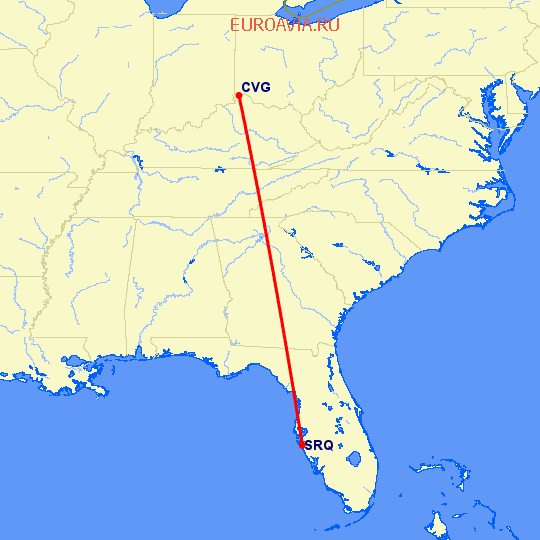перелет Кавингтон — Сарасота на карте