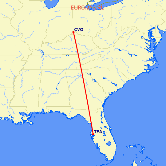 перелет Кавингтон — Тампа на карте