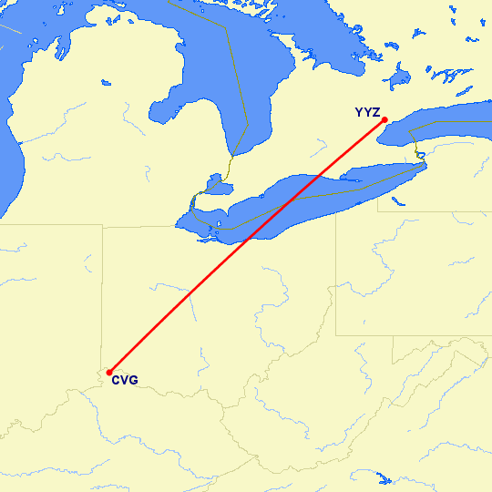 перелет Кавингтон — Торонто на карте