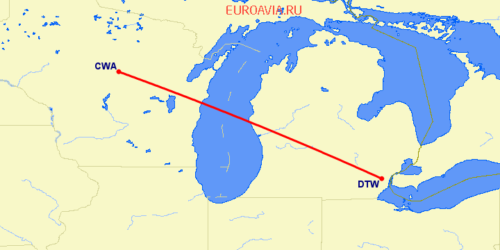 перелет Wausau — Детройт на карте