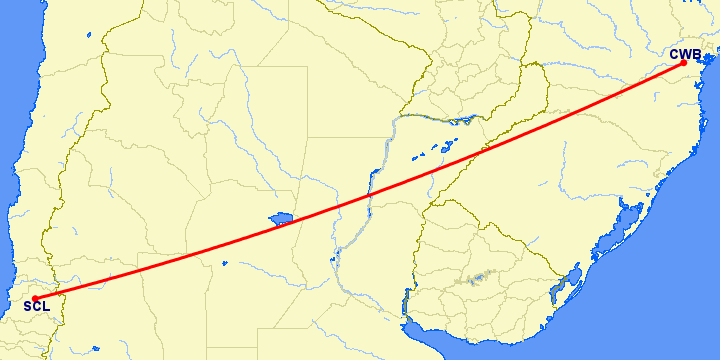 перелет Куритиба — Сантьяго на карте
