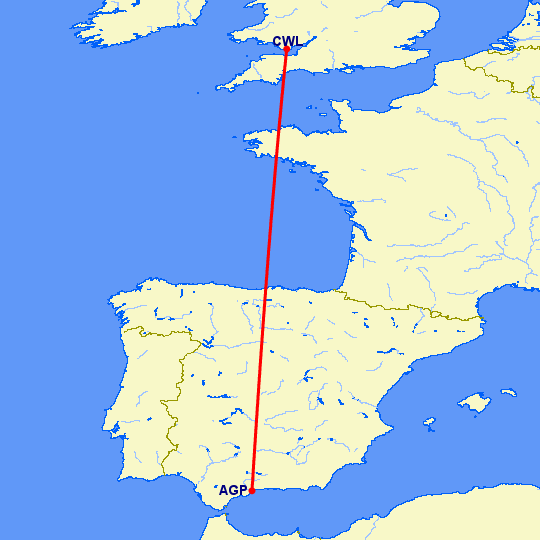 перелет Кардифф — Малага на карте