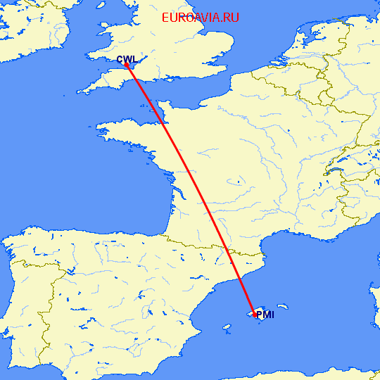 перелет Кардифф — Пальма де Майорка на карте