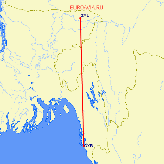 перелет Кокс Базар — Sylhet на карте