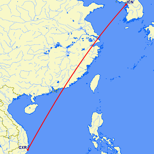 перелет Камрань — Сеул на карте