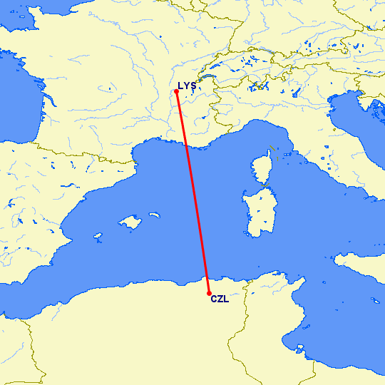 перелет Constantine — Лион на карте
