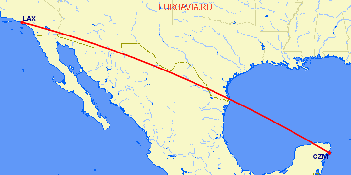 перелет Коцумел — Лос Анджелес на карте