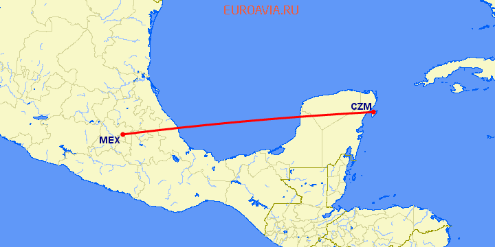 перелет Коцумел — Мексико Сити на карте
