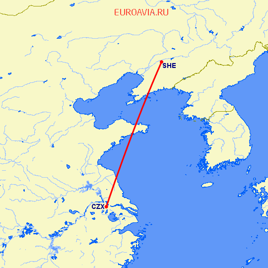 перелет Чангзу — Шеньян на карте