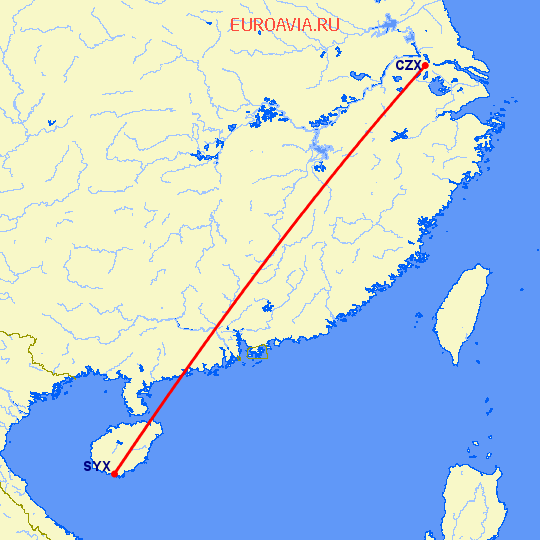 перелет Чангзу — Санья на карте