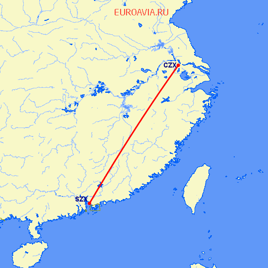 перелет Чангзу — Шэньчжэнь на карте