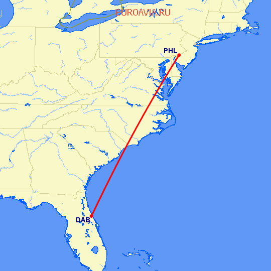 перелет Дейтона Бич — Филадельфия на карте
