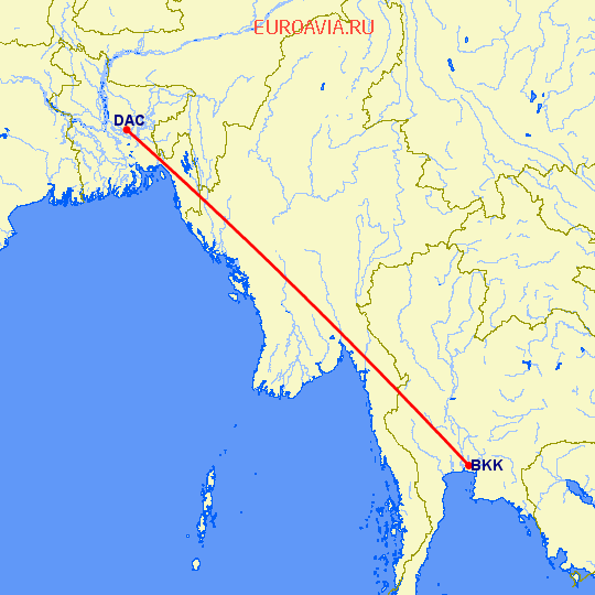 перелет Dhaka — Бангкок на карте