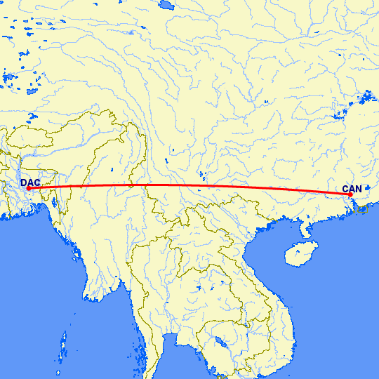 перелет Dhaka — Гуанчжоу на карте