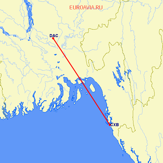 перелет Dhaka — Кокс Базар на карте