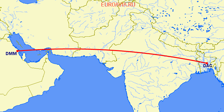 перелет Dhaka — Даммам на карте