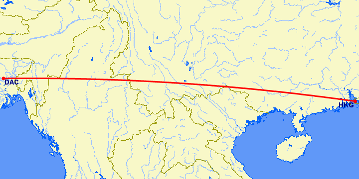 перелет Dhaka — Гонконг на карте