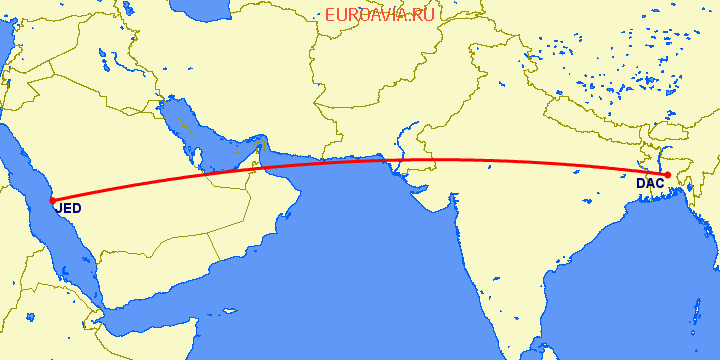 перелет Dhaka — Джедда на карте