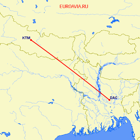 перелет Dhaka — Катманду на карте