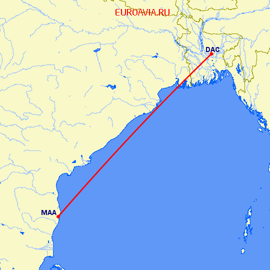 перелет Dhaka — Мадрас Ченнай на карте