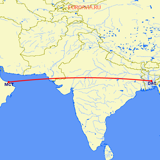 перелет Dhaka — Маскат на карте