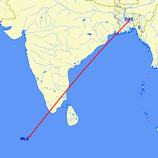 перелет Dhaka — Мале на карте