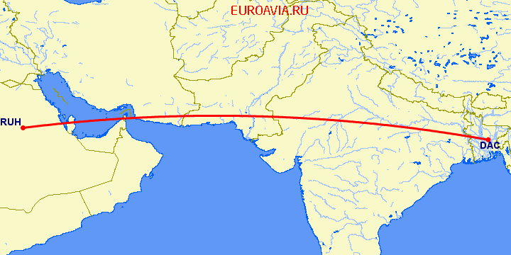 перелет Dhaka — Эр Рияд на карте