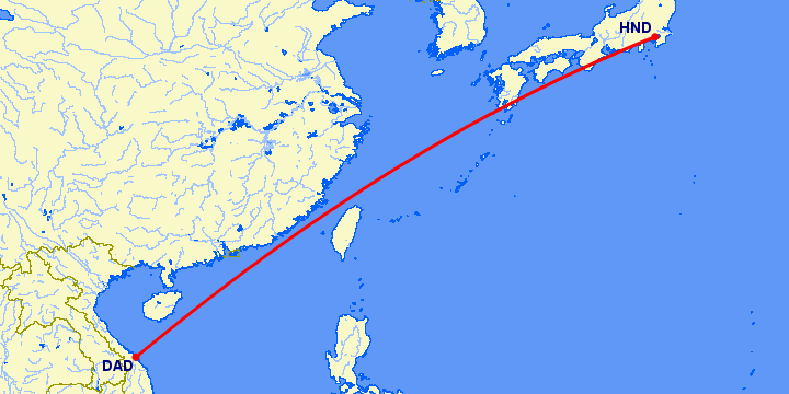перелет Да Нанг — Токио на карте