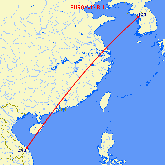 перелет Да Нанг — Сеул на карте