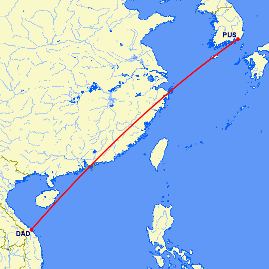 перелет Да Нанг — Пусан на карте