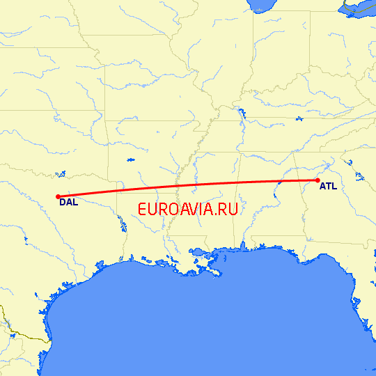 перелет Даллас — Атланта на карте