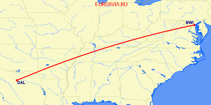 перелет Даллас — Балтимор на карте