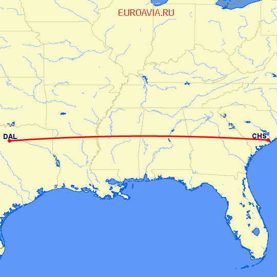 перелет Даллас — Чарльстон на карте