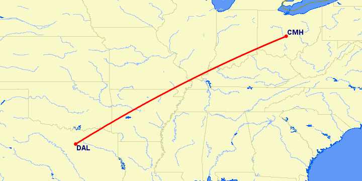 перелет Даллас — Колумбус на карте