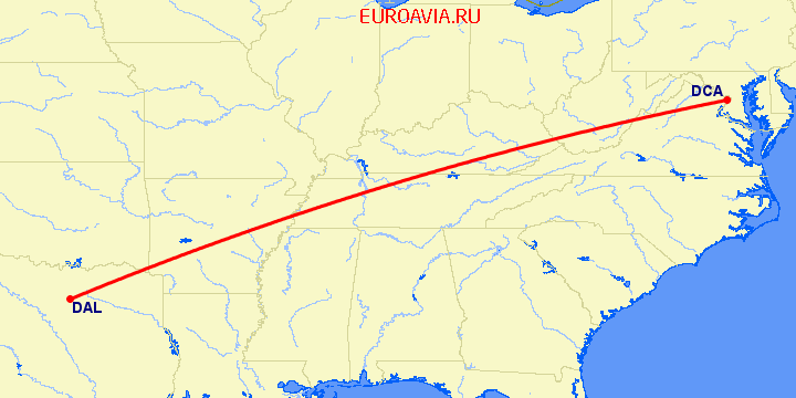 перелет Даллас — Вашингтон на карте
