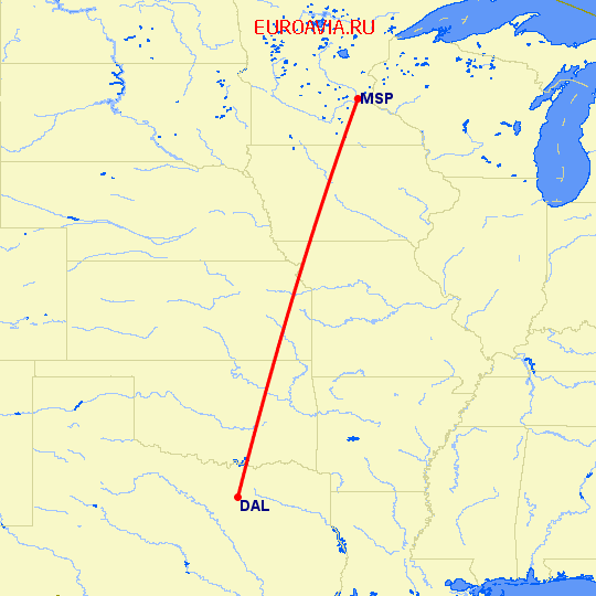 перелет Даллас — Миннеаполис на карте