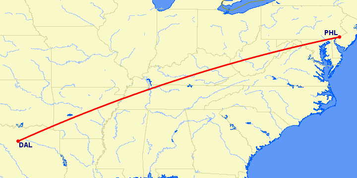 перелет Даллас — Филадельфия на карте