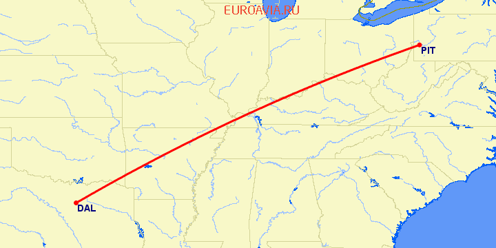 перелет Даллас — Питтсбург на карте