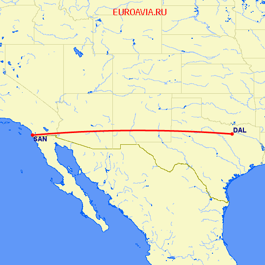 перелет Даллас — Сан Диего на карте