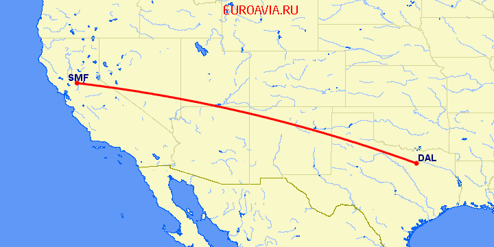 перелет Даллас — Сакраменто на карте