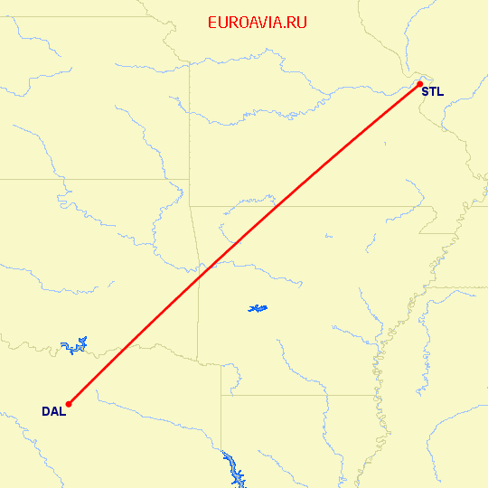 перелет Даллас — Сент Луис на карте