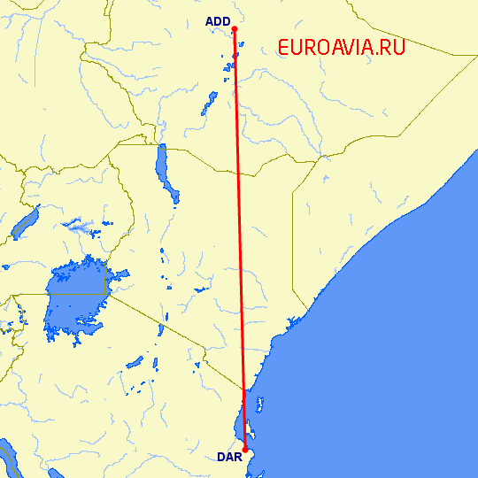 перелет Дар Ес Салаам — Аддис Абеба на карте